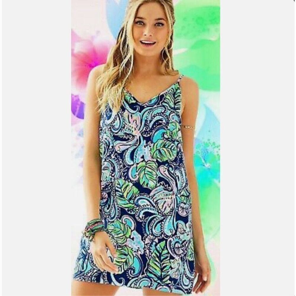 Lilly Pulitzer Lela Hanging With Fronds Dress Size Large 100% Silk Colorful